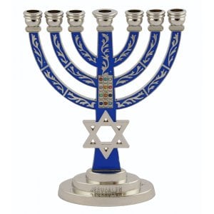 7-Branch Menorah, Dark Blue on Silver with Breastplate and Star of David – 5.2"