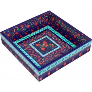Yair Emanuel Hand Painted Wood Matzah Tray Pomegranates - Red and Blue