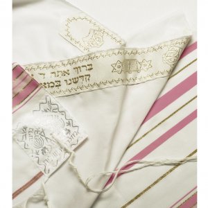 Talitnia Acrylic Tallit Imitation Wool Prayer Shawl - Light Pink & Gold Stripes