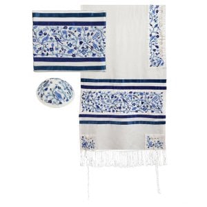Yair Emanuel Embroidered Cotton Silk Tallit Set, Trees and Birds - Blue