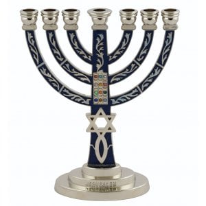 7-Branch Menorah with Star of David, Breastplate & Fish, Blue and Silver - 5.2"