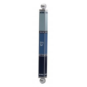 Dorit Judaica Square Tube Mezuzah Case with Knobs – Shades of Blue Stripes