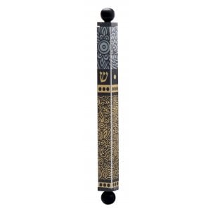 Dorit Judaica Square Tube Mezuzah Case with Knobs - Gold and Gray Leaves