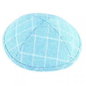 Light Blue Cotton Fabric Kippah - Checkered Design