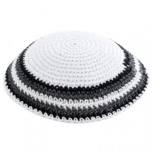 White Knitted Cotton Kippah with Gray, Black and White Border Stripes