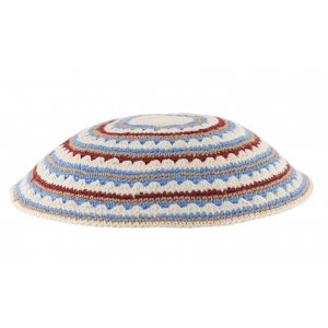 White DMC Knitted Kippah with Blue, Beige and Maroon Circular Design