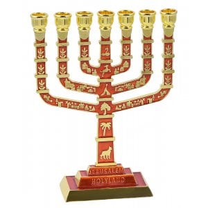 Seven Branch Menorah with Jerusalem Images & Judaic Motifs, Red and Gold - 9.5"