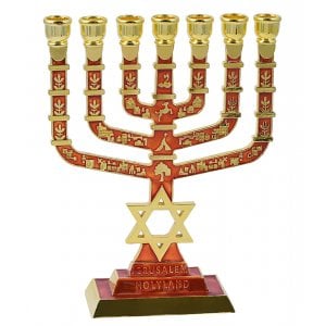 Seven Branch Menorah with Jerusalem & Judaic Images & Star of David, Red - 9.5"