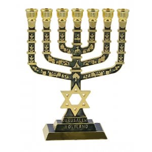 7 Branch Menorah Jerusalem & Judaic Images & Star of David, Dark Green - 9.5"