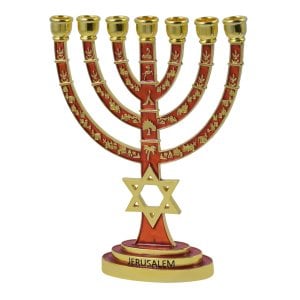 Gold with Red Enamel 7-Branch Menorah, Judaic emblems and Star of David - 9.5"
