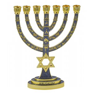 7-Branch Gold Menorah with Gray Enamel, Judaic Symbols & Star of David - 9.5”
