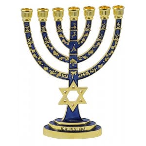 Enamel Plated 7-Branch Menorah with Gold Judaic Decorations - Dark Blue