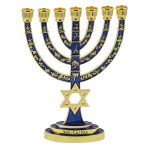 Gold with Blue Enamel 7-Branch Menorah, Judaic Emblems and Star of David – 9.5”