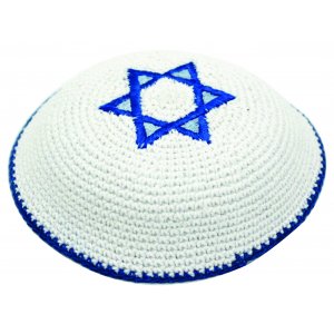 White Knitted Kippah with Blue Star of David
