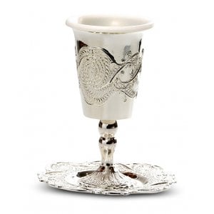 Silver Plated Stem Kiddush Cup with Plastic Insert and Tray - Ornate Design