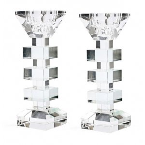 Crystal Glass Shabbat Candlesticks - Geometric Step Design for the Stem