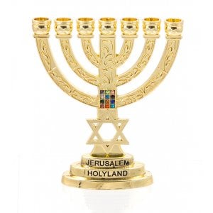 Small Decorative 7-Branch Menorah with Star of David & Breastplate, Gold - 4”