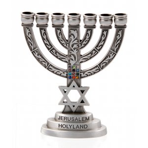 Small Seven Branch Menorah with Star of David & Breastplate, Pewter - 4” High