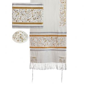 Yair Emanuel Embroidered Silk Cotton Tallit, Matriarchs Trees and Birds - Gold