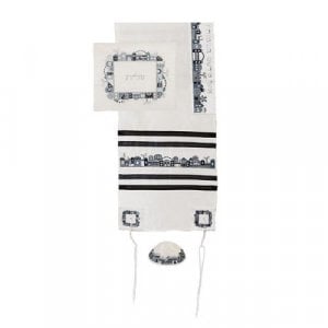 Yair Emanuel White Polysilk Tallit Set, Embroidered Jerusalem Design - Black