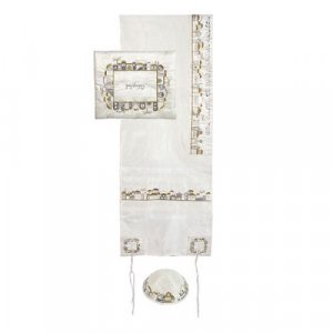 Yair Emanuel White Polysilk Tallit Set, Embroidered Jerusalem - Silver and Gold