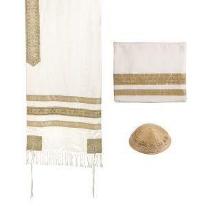 Yair Emanuel 3-Piece Tallit Set with Embroidered Decorative Stripes - Gold