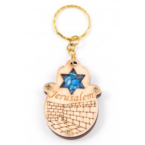 Wood Jerusalem Keychain with Semi Precious Stones - Star of David and Kotel