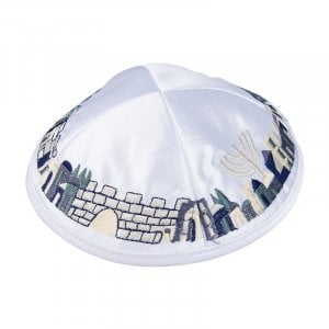 White Satiny Kippah with Attached Clip and Embroidered Jerusalem Design