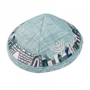 Light Green Cloth Kippah with Attached Clip and Embroidered Jerusalem Design