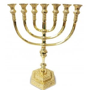 Medium Size Seven Branch Brass Menorah, Two Tone Gold and Silver - 14"