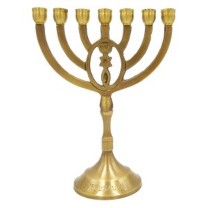 7 Branch Menorah with Grafted In Design, Dark Gold Brass with Antique Look - 8"