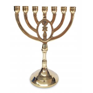Seven Branch Menorah with Oval Framed Grafted In Design, Shining Gold Brass - 8"