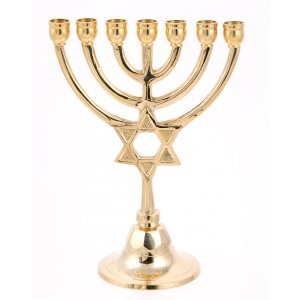 Small 7-Branch Menorah, Gleaming Gold Brass with Star of David on Stem - 7.5"