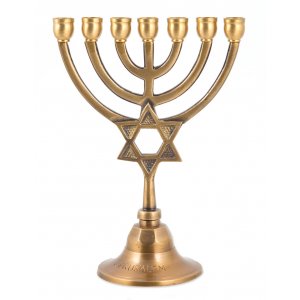 7-Branch Brass Menorah with Star of David on Stem, Gold with Antique Look � 7.5"