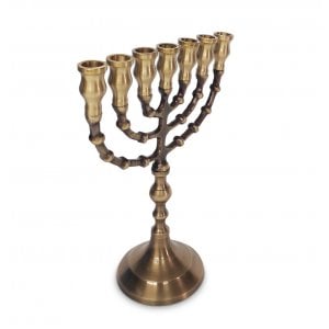 Small Seven Branch Menorah, Dark Gold Brass with Antique Look Finish – 8.5"