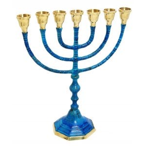 Seven Branch Menorah, Brass with Deep Blue Patina and Gold Finish – 10"
