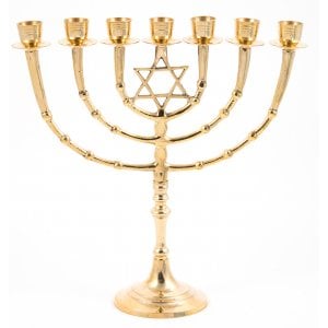 Seven Branch Menorah on Stem, Gold Colored Brass, Star of David - 11"