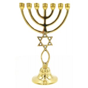 7 Branch Menorah Star of David and Fish - Gold Colored Brass 9"