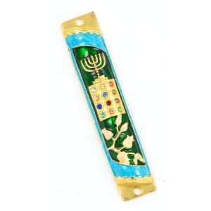 Mezuzah Case with Gleaming Hoshen Breastplate and Menorah, Teal - 4.8 Inches
