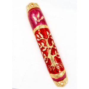 Rounded Mezuzah Case with Tree of Life - Gold, Red and Pink
