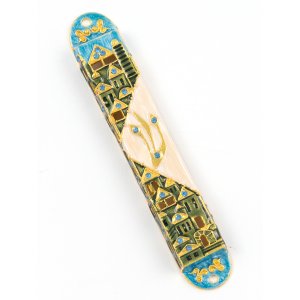 Rounded Mezuzah Case with Gleaming Jerusalem Design - Green and Blue