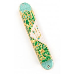 Rounded Mezuzah Case with Gleaming Jerusalem Design - Green