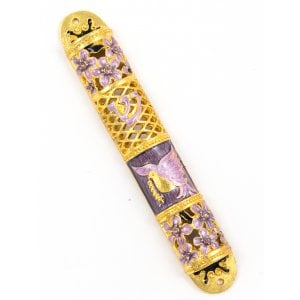 Purple and Gold Enamel Rounded Mezuzah Case - Dove of Peace