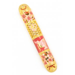 Pink and Gold Enamel Rounded Mezuzah Case - Dove of Peace
