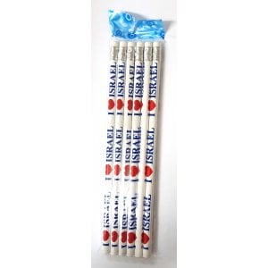 Set of Six Souvenir Wood Pencils Decorated with Red Heart and I Love Israel