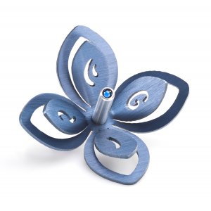 Adi Sidler Anodized Aluminum Chanukah Dreidel, Flower Design - Blue