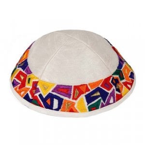 Yair Emanuel Embroidered Kippah - Colorful Geometric Shapes on Cream