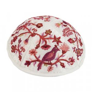 Yair Emanuel Kippah, Embroidered Birds and Flowers - Burgundy and Pink