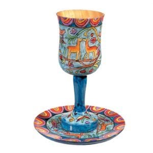 Yair Emanuel Hand Painted Large Wood Kiddush Cup with Coaster - Jerusalem Scenes