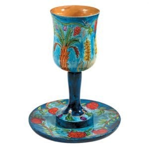 Yair Emanuel Hand Painted Large Wood Kiddush Cup with Coaster - Seven Species